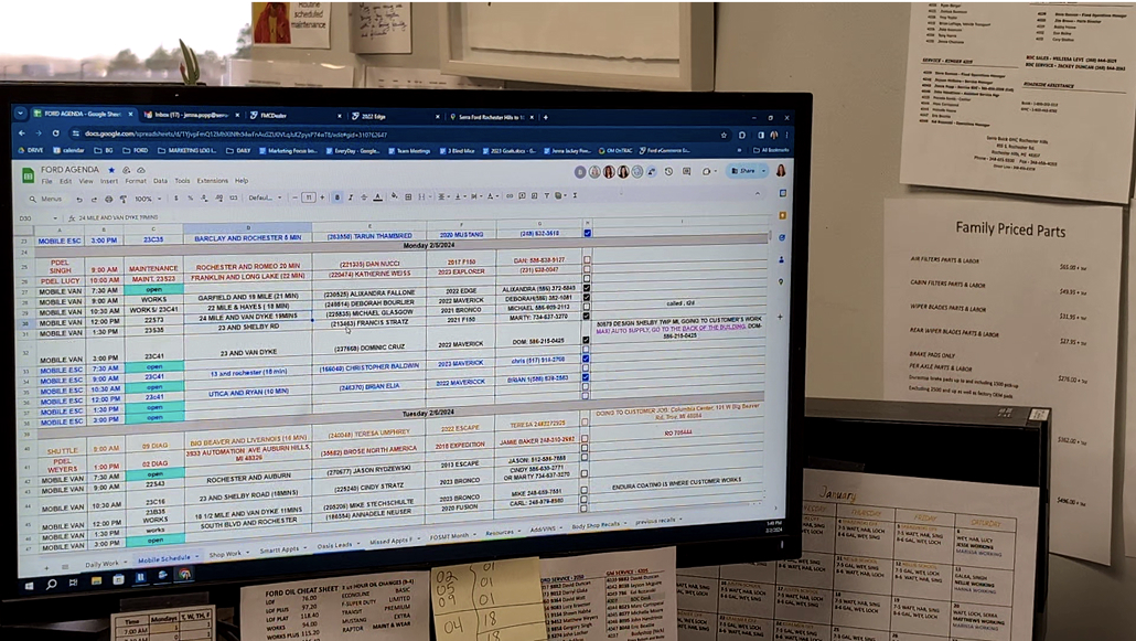 Dealership's Excel spreadsheet showing Mobile Service appointments for the day.