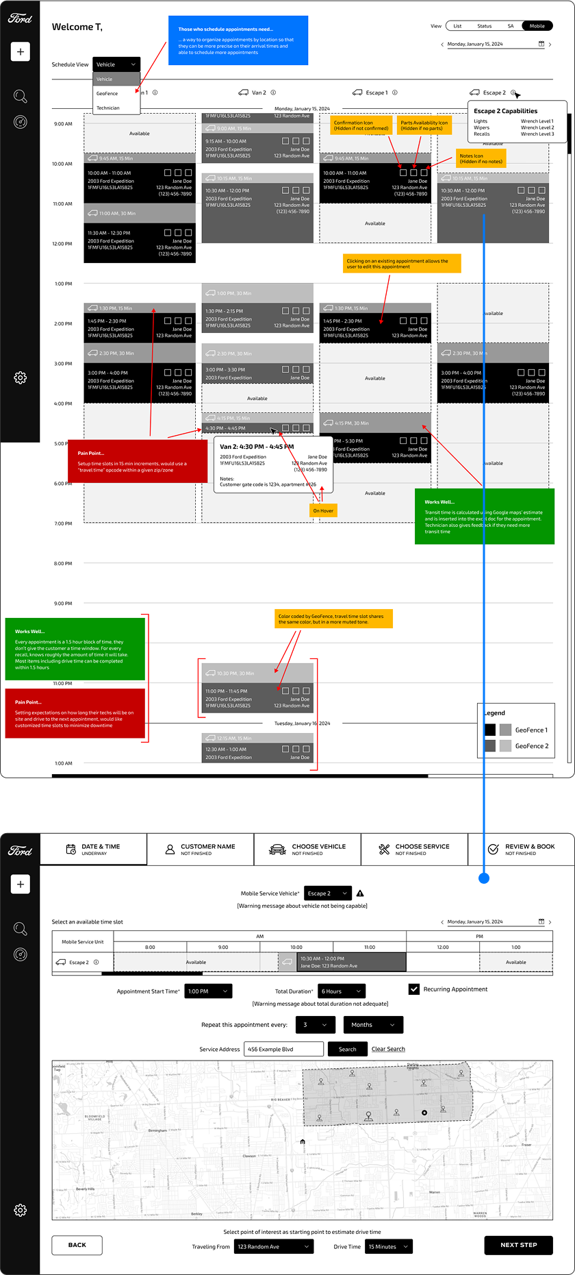 Scheduling prototypes shown to dealerships for user testing.