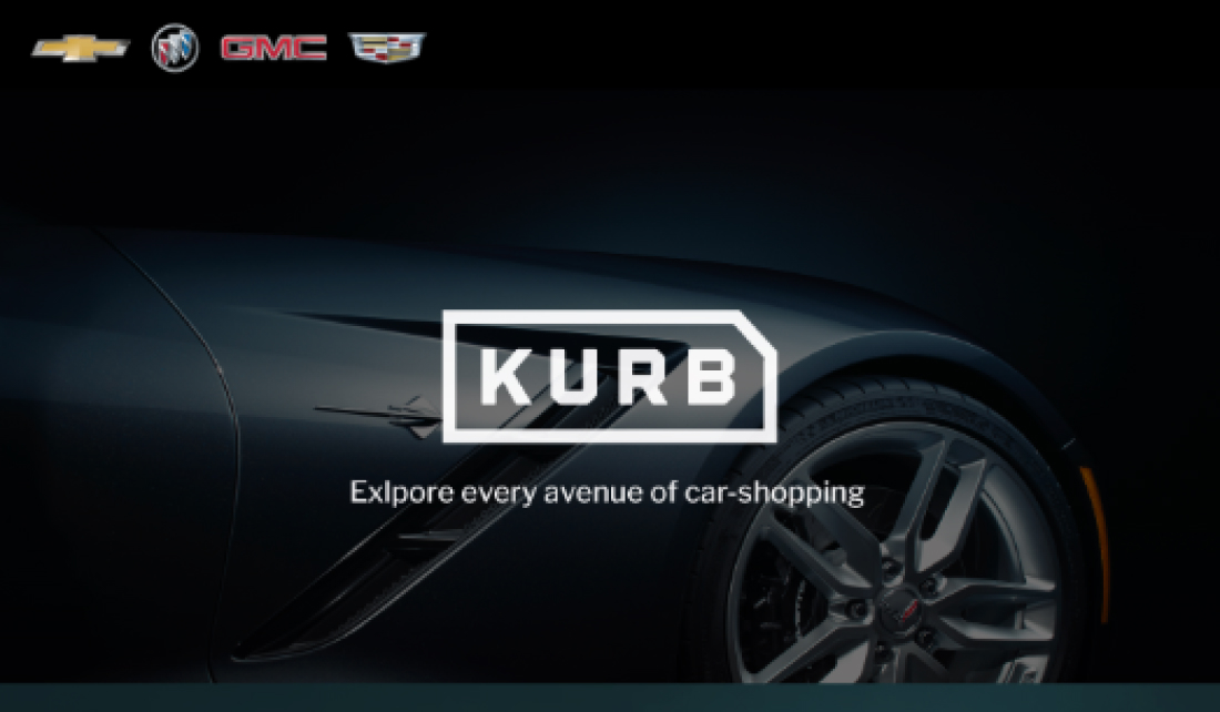 Word mark "Kurb" with tagline underneath "Explore every avenue of car-shopping_ displayed on a dark, moody car background. Chevrolet, Buick, GMC, and Cadillac logo are shown top left in a single line.