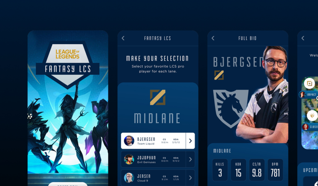 Mobile screens showing League of Legends Fantasy Draft app concept.