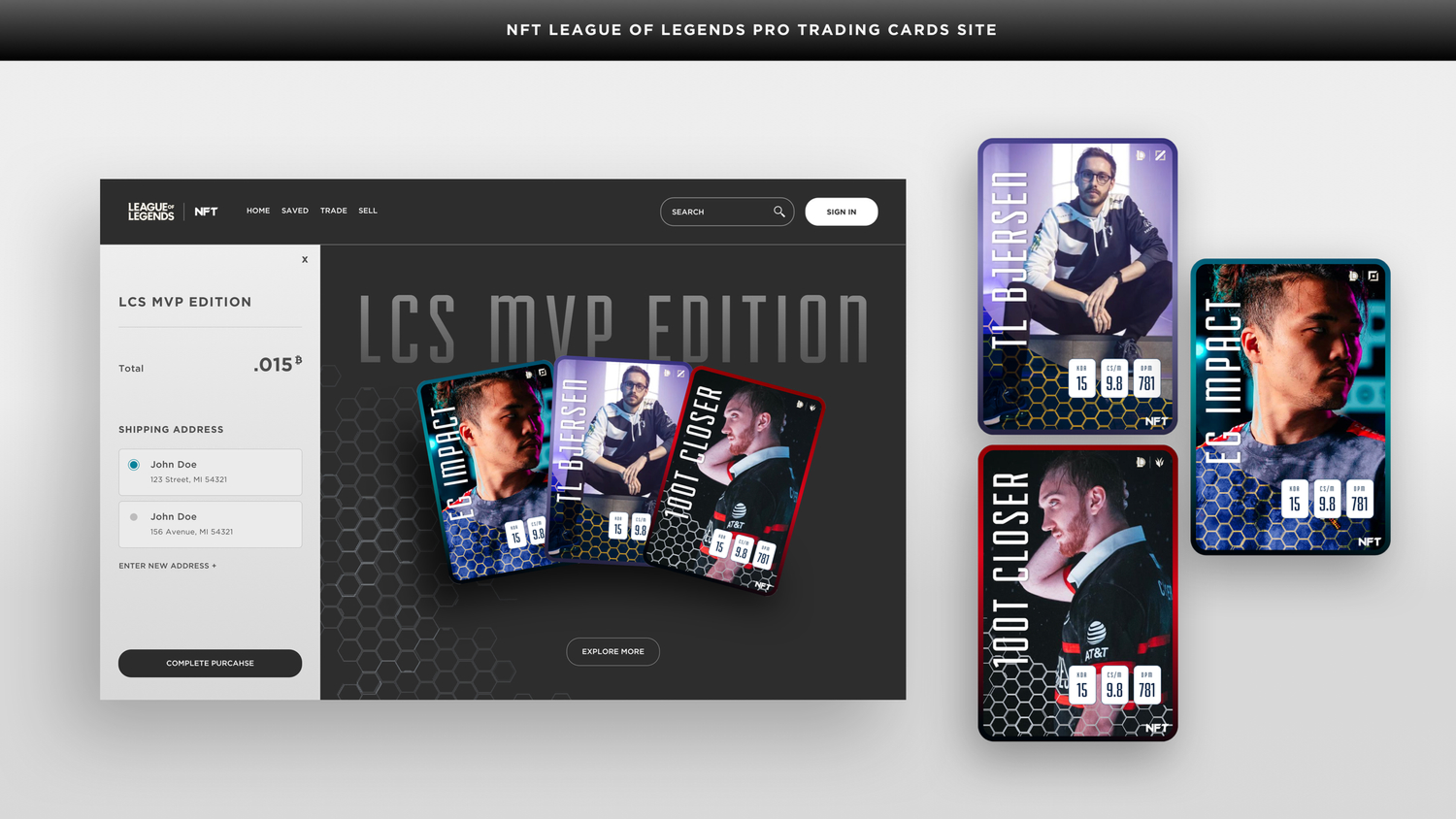 League of Legends NFT trading card site and NFT cards highlighting player stats.