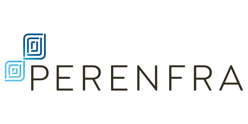 PERENFRA company logo with two stylized blue square shapes stacked on top of each other to the left of the text.