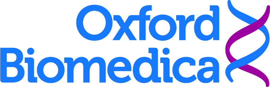 Oxford Biomedica logo with stylized blue and purple DNA strand on right.