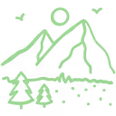 Green line drawing landscape of mountains and forests