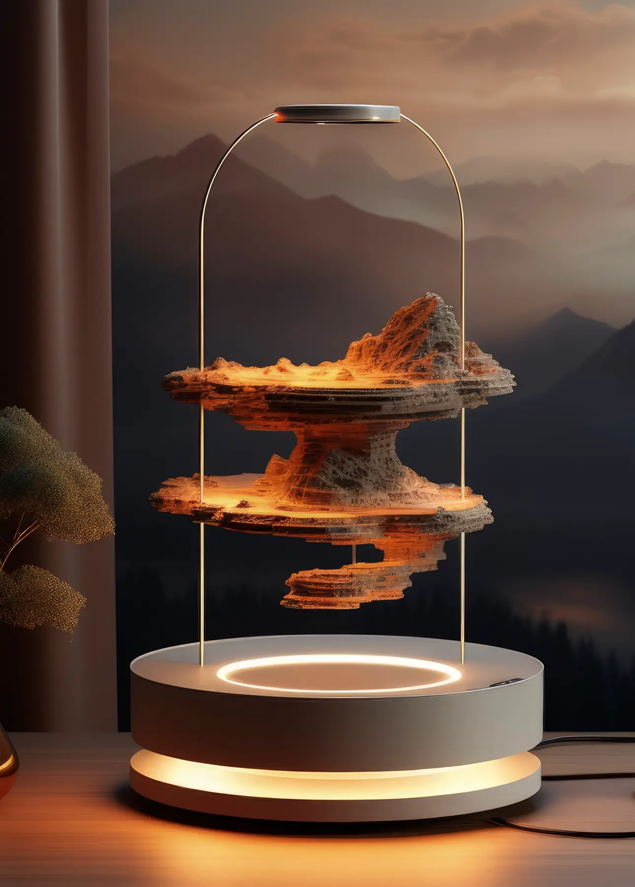 A sculpture of a mountain in a glass case.