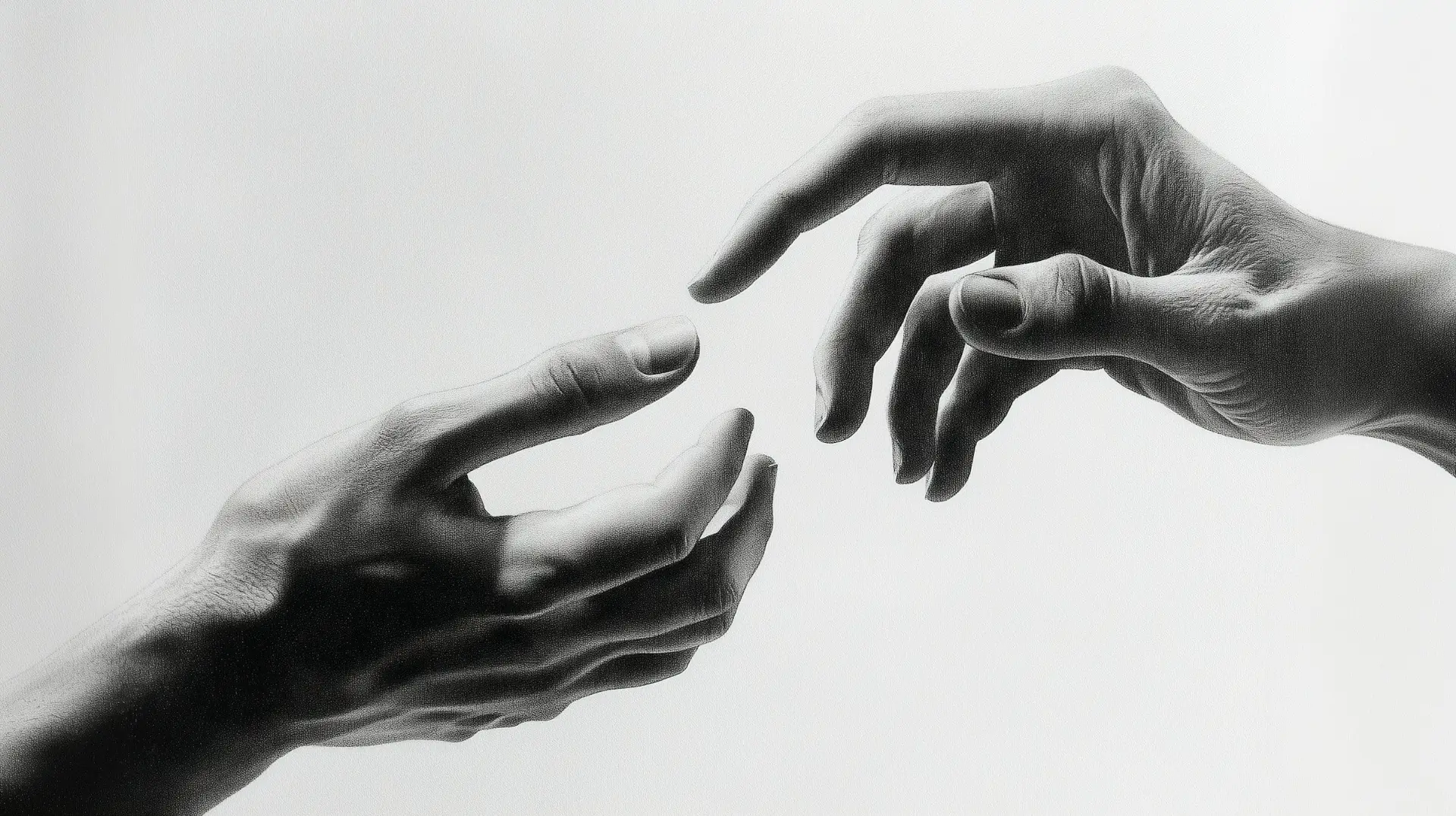 Close-up black and white image titled "Hands Reaching Out," symbolizing collaboration, assistance, and supportive role of Attanda in business workflows.