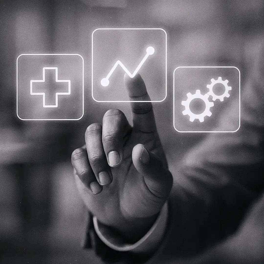 Close-up greyscale image highlighting focus, precision, and modern AI-driven design