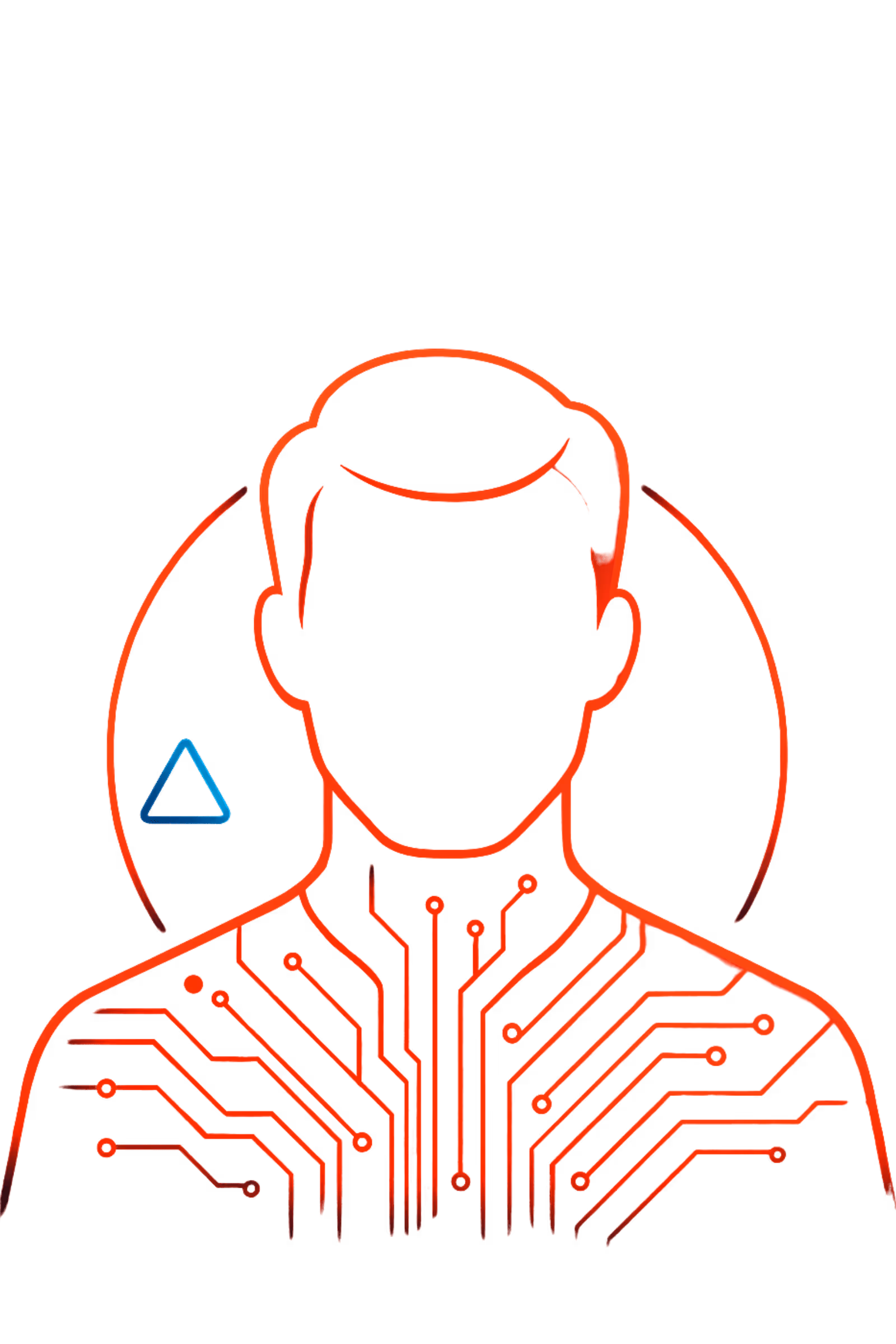 Futuristic male tech silhouette with coral-red glow, geometric lines, and subtle blue/cyan highlights on a dark background.