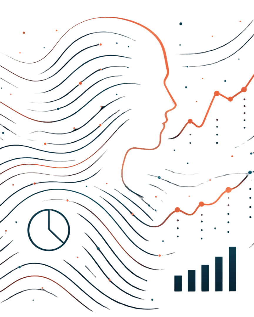 A futuristic digital illustration symbolizing human and AI collaboration, showing a silhouette integrated with glowing data lines and analytics elements in coral red and teal tones on a dark background.