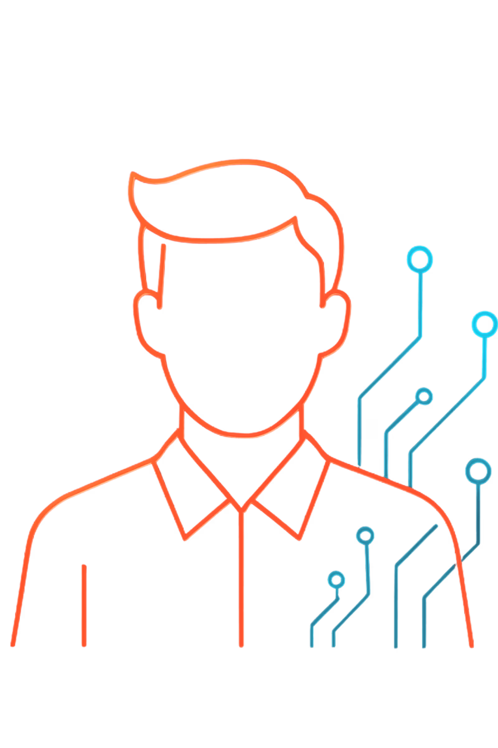 Abstract male tech avatar with coral-red glow and subtle blue/cyan highlights on a black background.