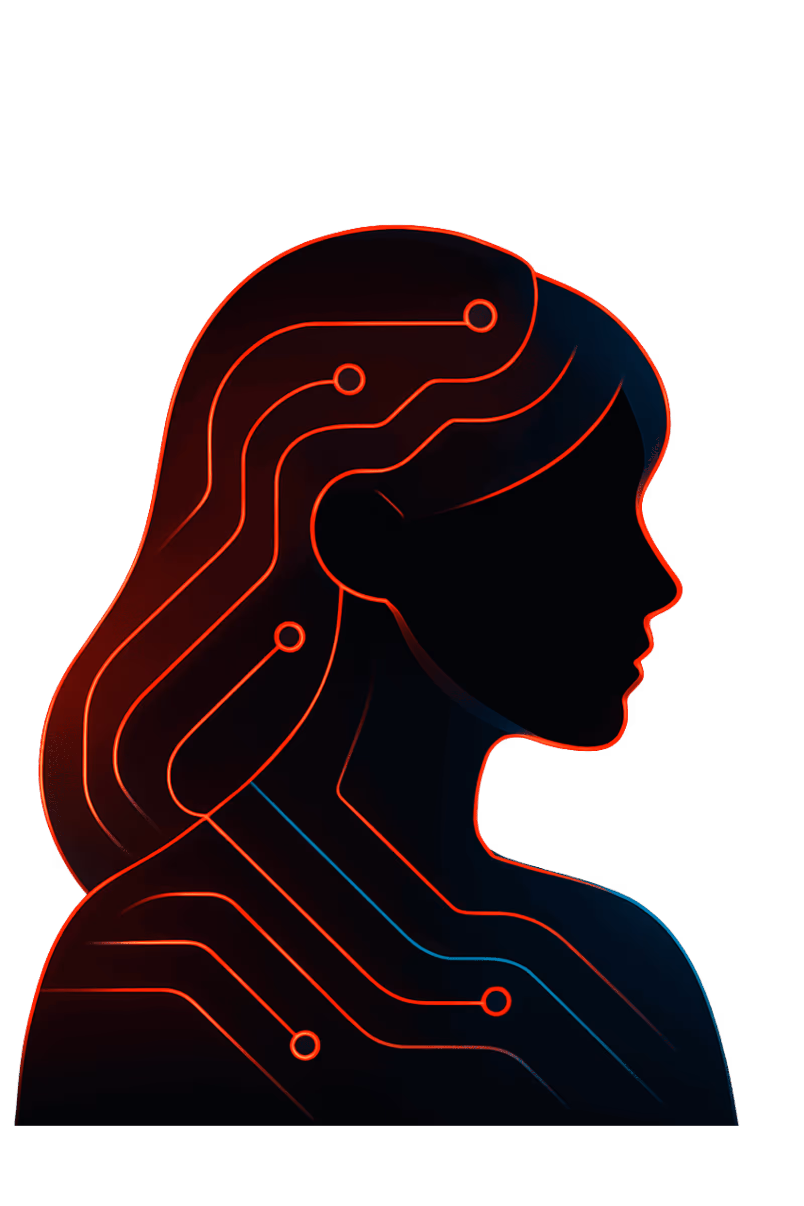 Abstract female tech avatar with coral-red glow and subtle blue/cyan highlights on a black background.