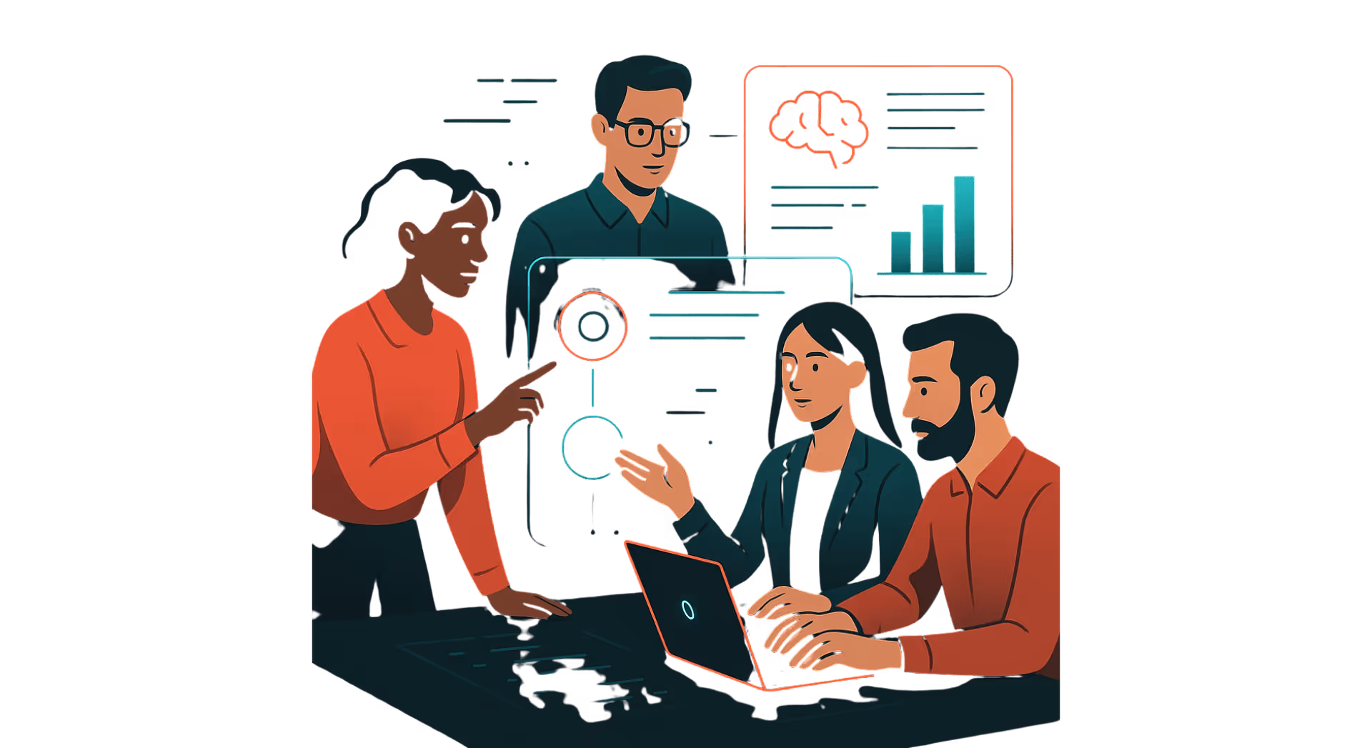 A futuristic digital illustration of a diverse team collaborating around a glowing AI brain interface, symbolizing innovation, intelligent teamwork, and data-driven progress in coral red and teal tones on a dark background.
