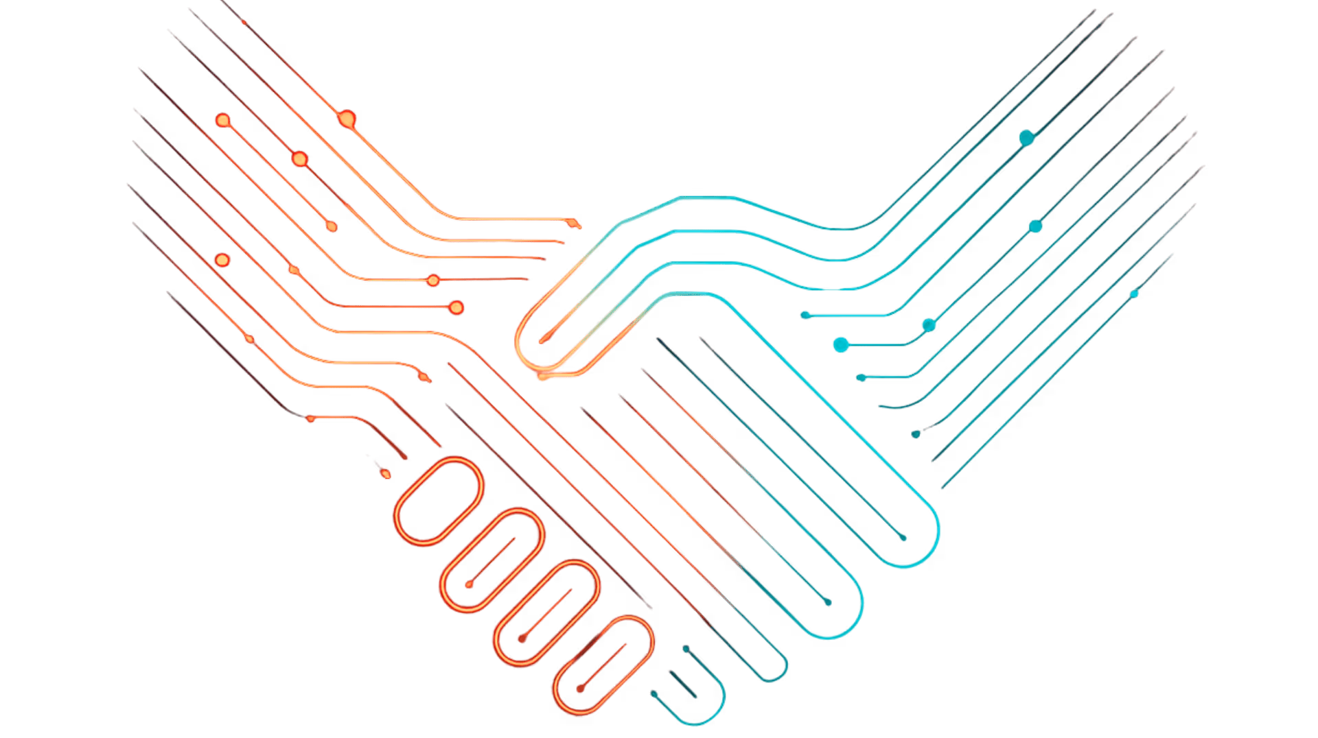 A futuristic digital illustration showing two abstract hands forming a glowing digital handshake made of coral red and teal light lines on a dark background, symbolizing trust, innovation, and value creation through technology.