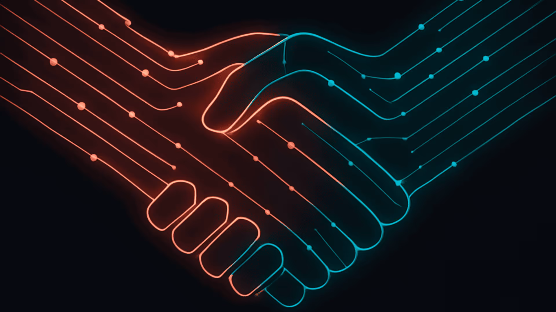 A futuristic digital illustration showing two abstract hands forming a glowing digital handshake made of coral red and teal light lines on a dark background, symbolizing trust, innovation, and value creation through technology.