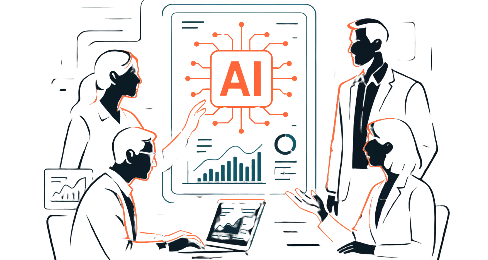 A futuristic digital illustration showing a professional team collaborating around a glowing AI interface with data charts and analytics — symbolizing innovation, automation, and intelligent teamwork.
