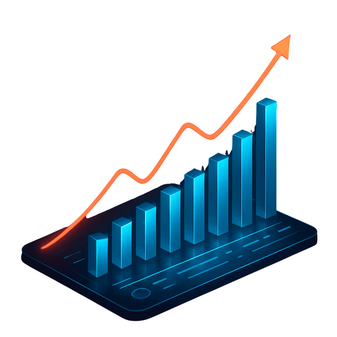 A futuristic digital dashboard displaying glowing teal bar charts and a red upward trend line — representing measurable growth, efficiency, and tangible business results.