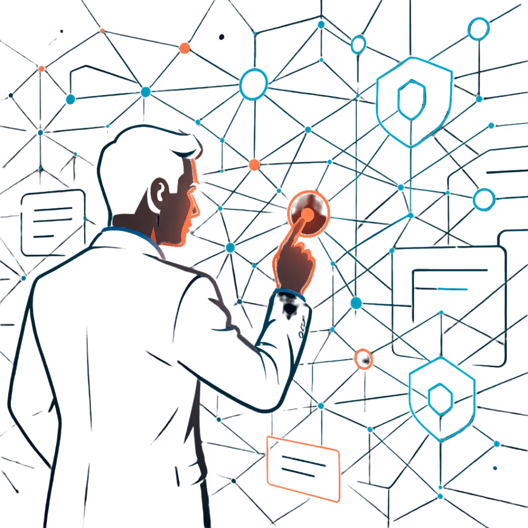 A digital illustration showing a professional interacting with a glowing AI network of connected data nodes — symbolizing secure, scalable, and future-ready automation technology.