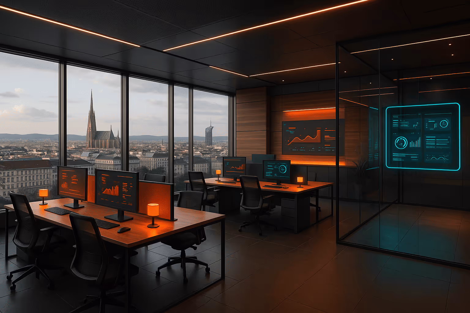 A wide-angle view of a modern open office with panoramic city views, dark furniture, and subtle lighting in teal and coral red tones, symbolizing innovation and collaboration in a high-tech workspace.