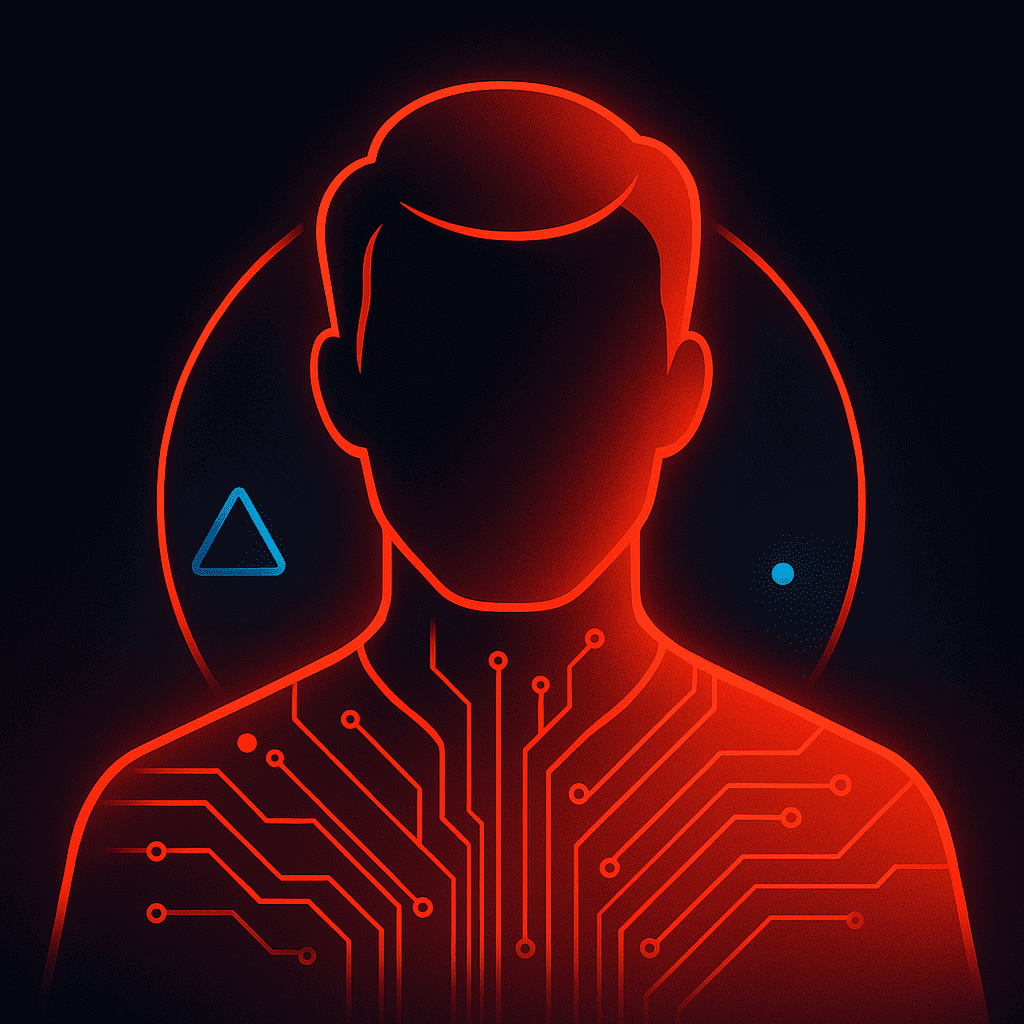 Futuristic male tech silhouette with coral-red glow, geometric lines, and subtle blue/cyan highlights on a dark background.