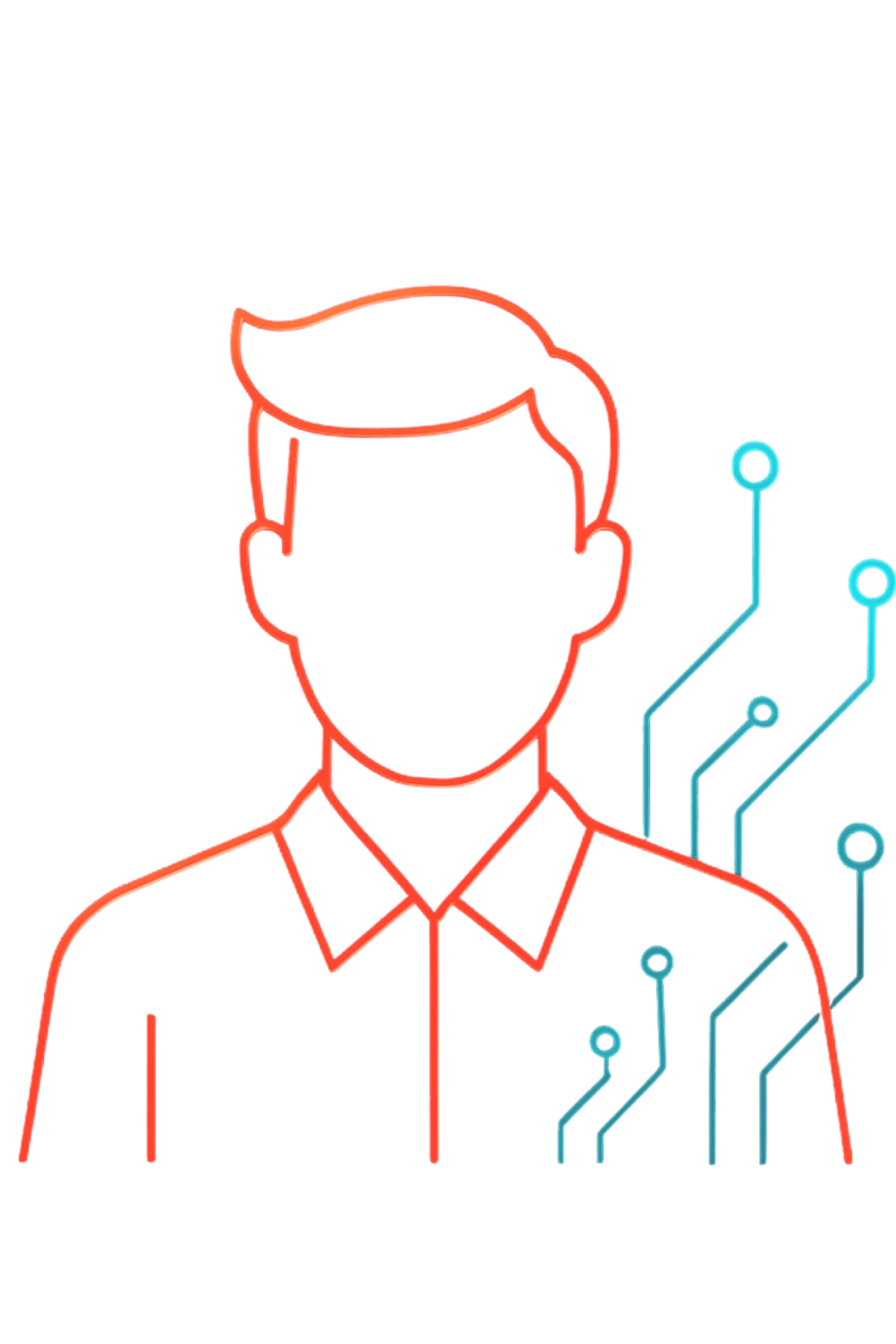 Abstract male tech avatar with coral-red glow and subtle blue/cyan highlights on a black background.