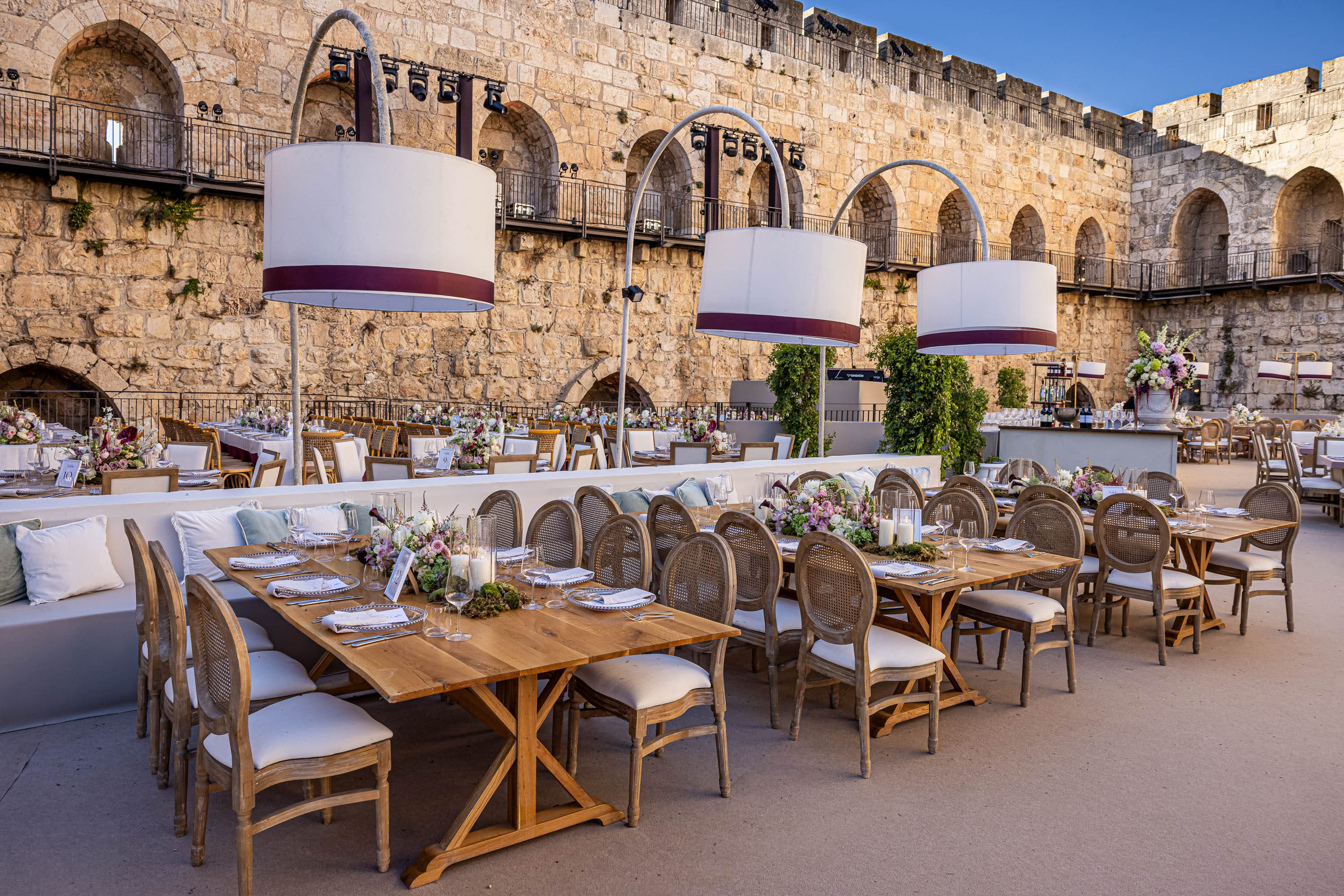 Elegant wedding reception setup at the Tower of David in Jerusalem