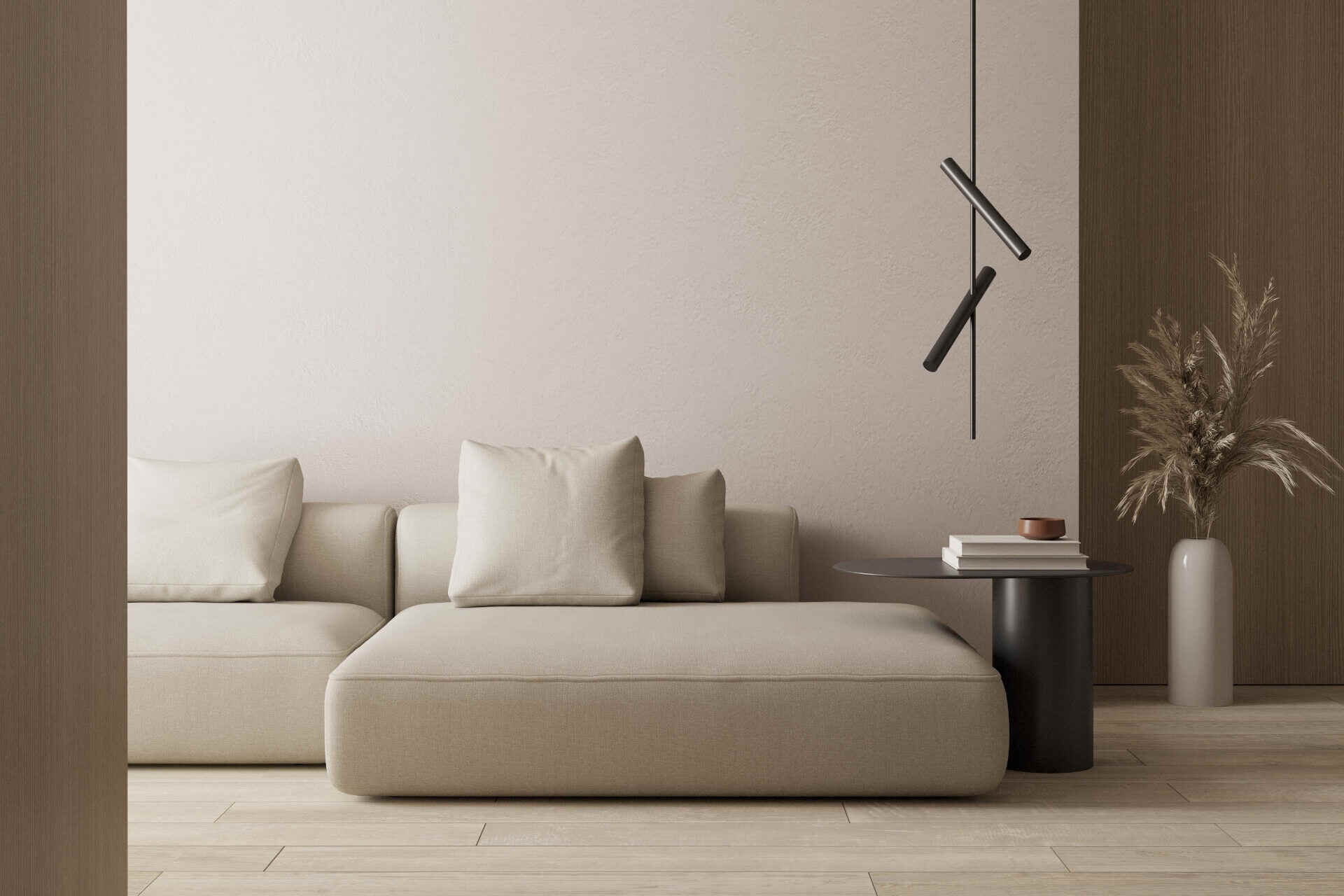 Moderne beige Couch mit Kissen dekoriert und Couchtisch