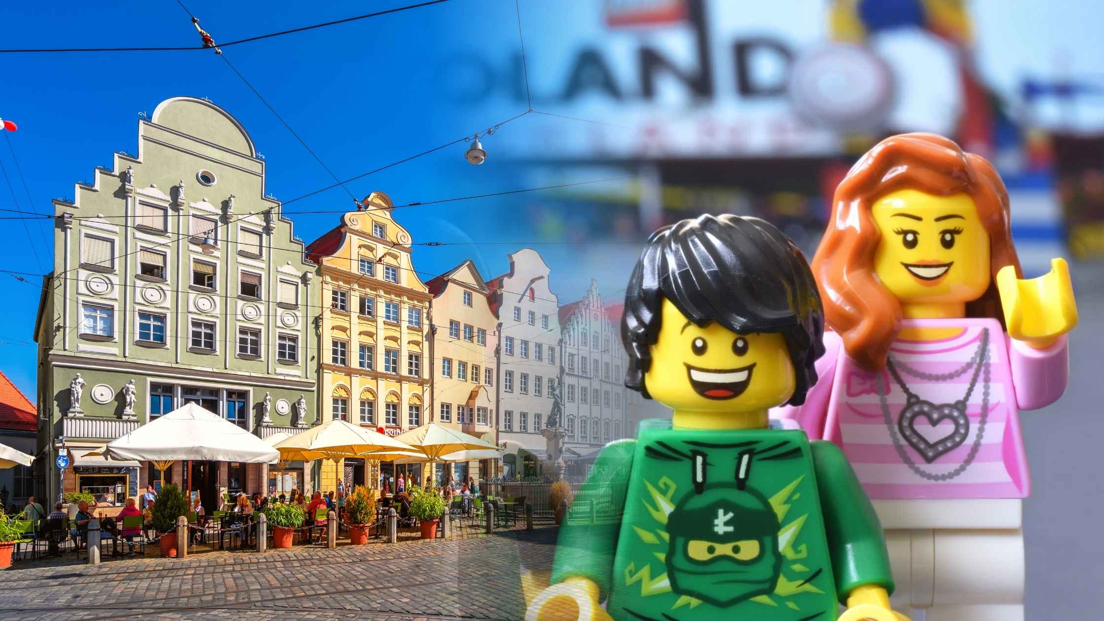 Altstadt von Augsburg verschwimmt mit einem Foto von zwei Legofiguren, die vor dem Legoland Günzburg stehen