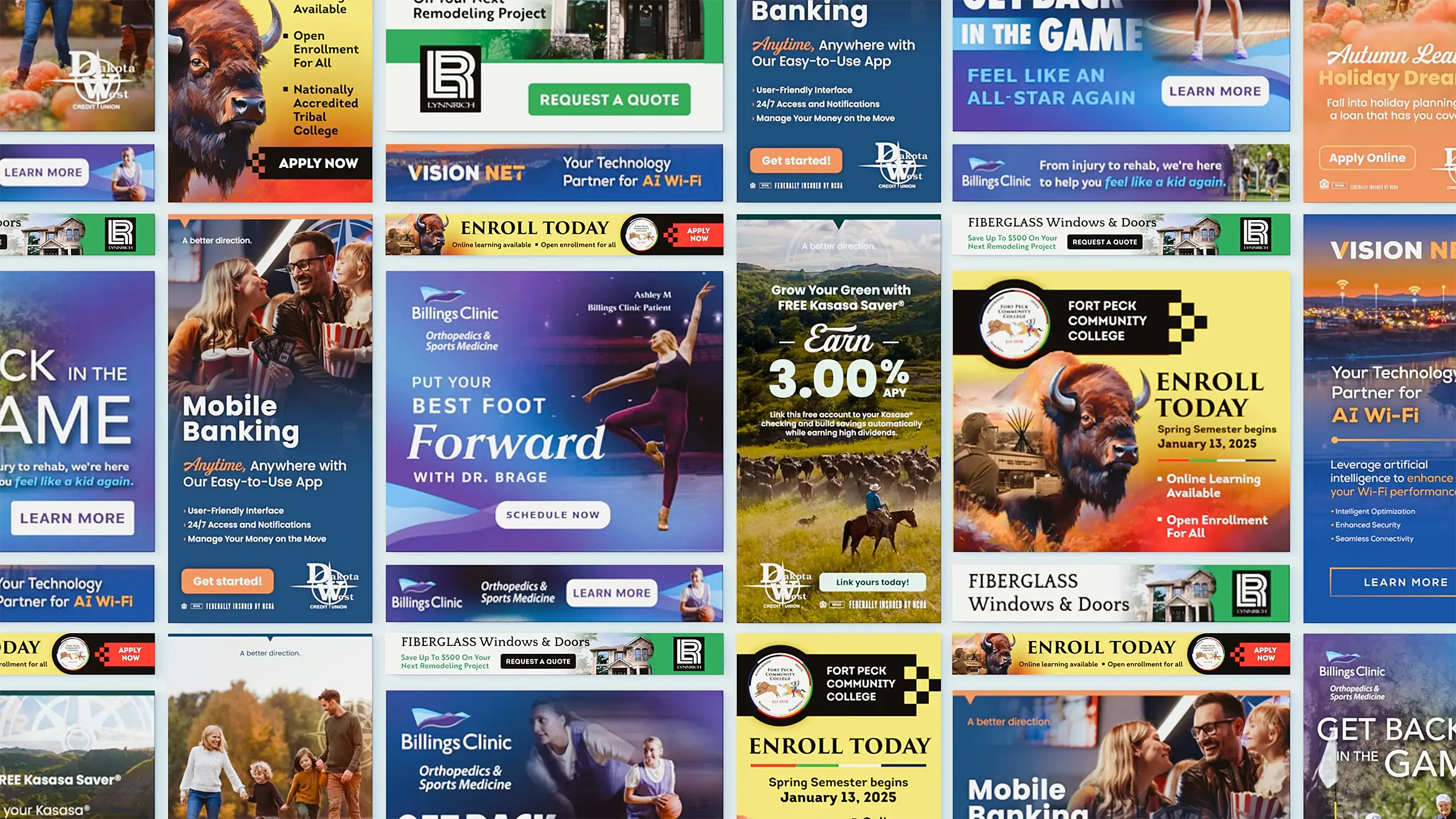 Collage of digital ads created by Cleverly Company for regional clients, featuring promotions for mobile banking, orthopedic services, community college enrollment, and home remodeling. Each ad showcases bold typography, vibrant photography, and client-specific branding, demonstrating Cleverly’s strategic design and messaging capabilities.