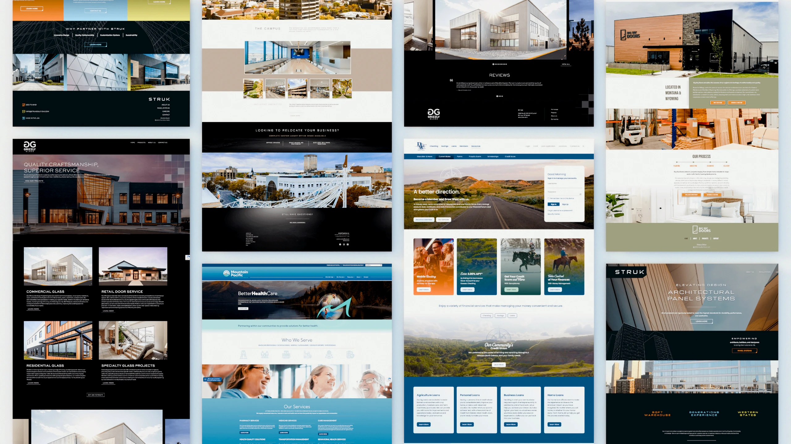 Collage of modern, responsive website designs created by Cleverly Company, showcasing clean layouts and diverse industries.