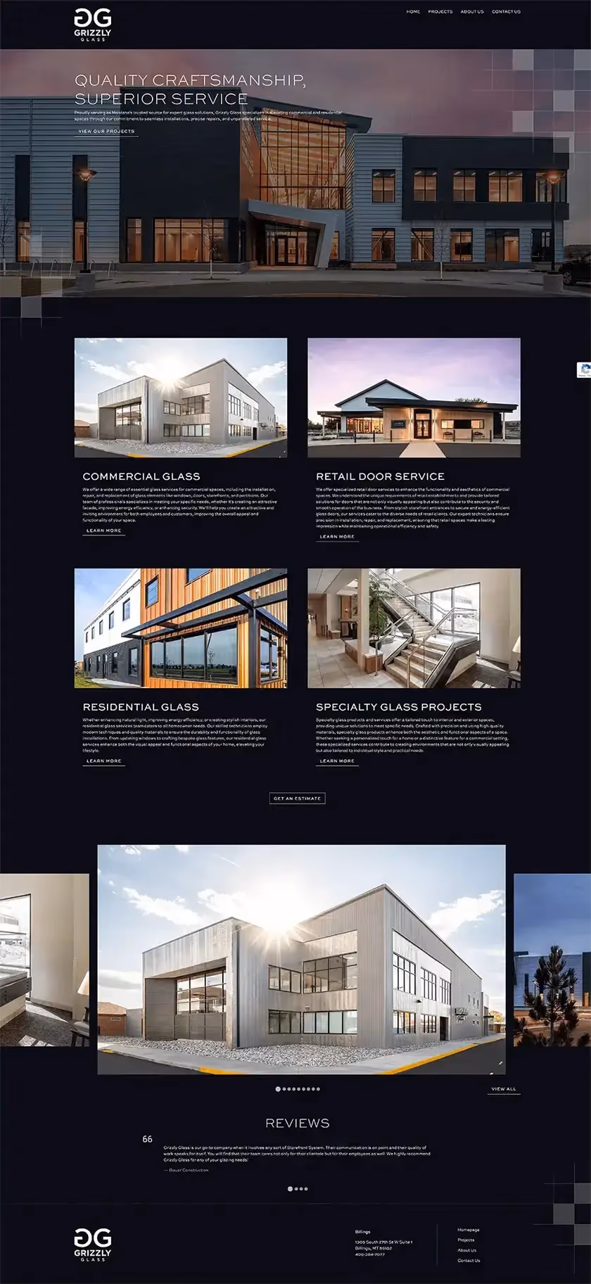 A screenshot of Grizzly Glass' website.