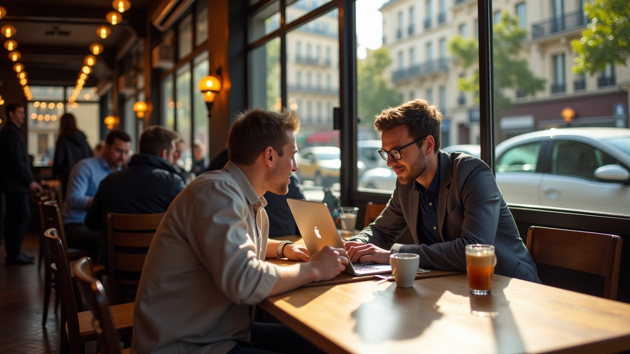 Scène de café avec deux professionnels discutant de stratégies SEO, ordinateur portable ouvert, lumière naturelle, café parisien animé.
