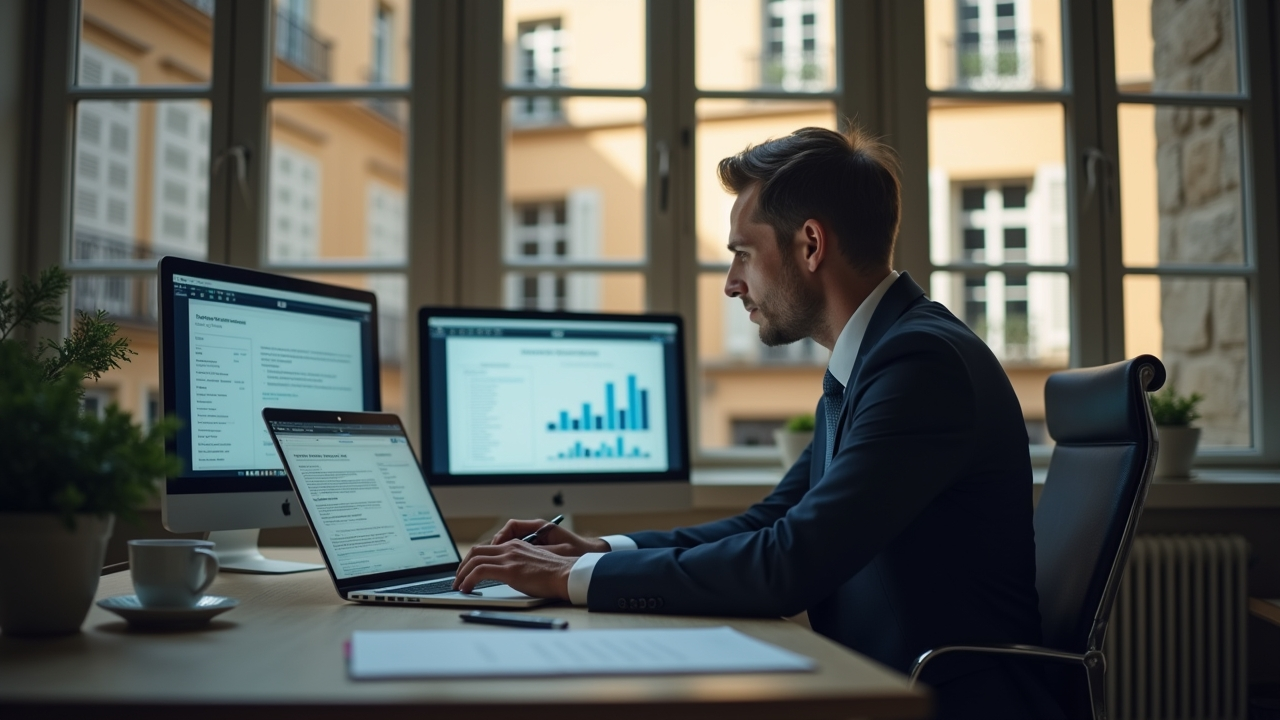 Un marketeur concentré sur son bureau moderne, ordinateur ouvert avec écrans flous, symbolisant le copywriting dans un bureau à l'architecture parisienne contemporaine.