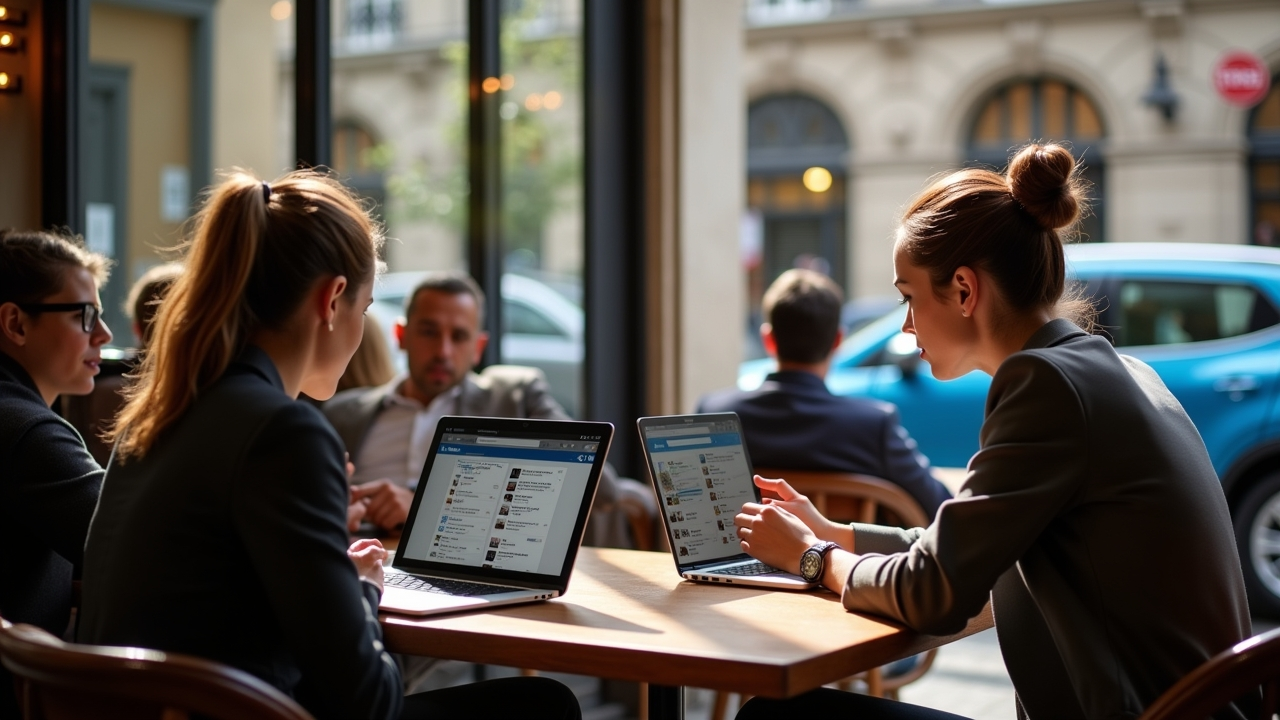 Café parisien vibrant en 2025, pro utilisant LinkedIn, Instagram. Fenêtres lumineuses, Renault stationnée, façades en pierre.