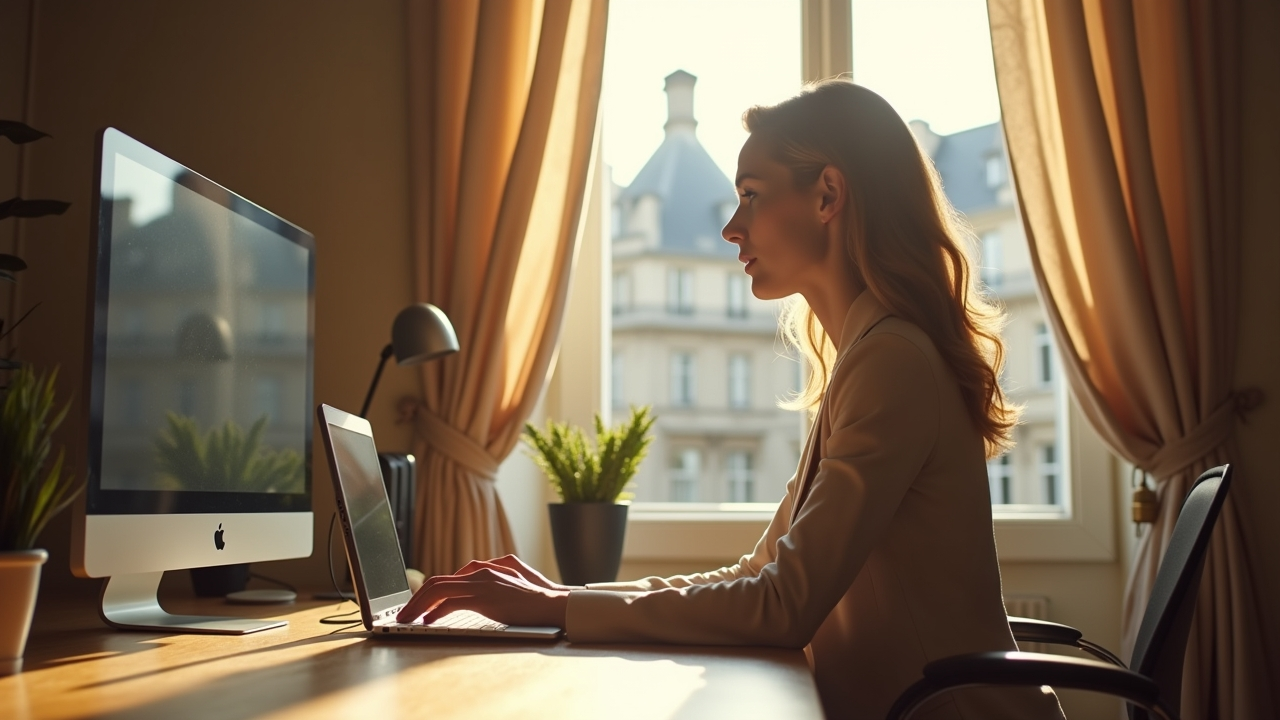 	Expert en SEO vocal 2025 utilisant un assistant vocal en bureau moderne à Paris, optimisant les stratégies de contenu. Lumière naturelle et décor élégant reflètent l'importance croissante de la recherche vocale en marketing digital.