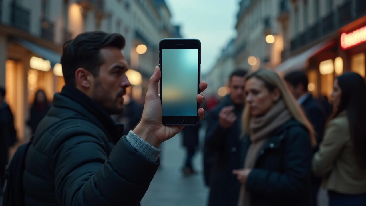 Scène urbaine française au crépuscule avec des passants inquiets discutant d'une invasion de la vie privée symbolisée par un smartphone flou au premier plan.