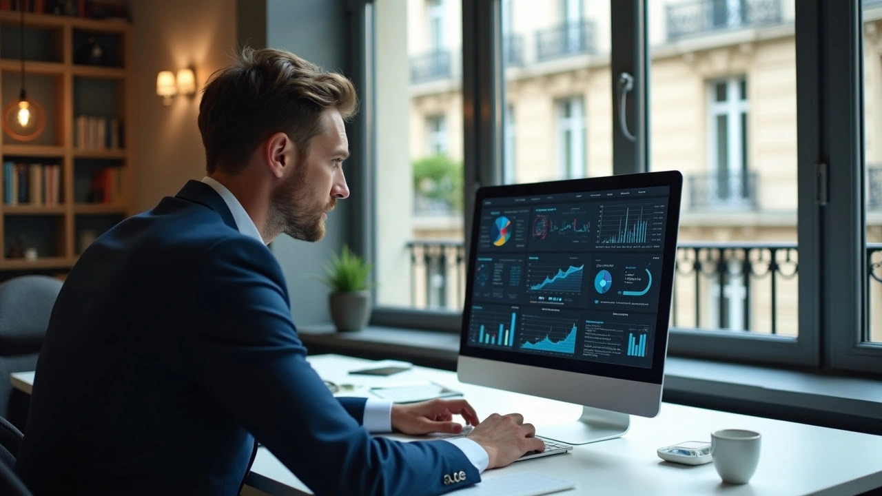 Optimisation SEO par découpage de contenu : un professionnel analyse des données de segmentation sur écran dans un bureau parisien moderne, lumière naturelle et architecture française en arrière-plan.