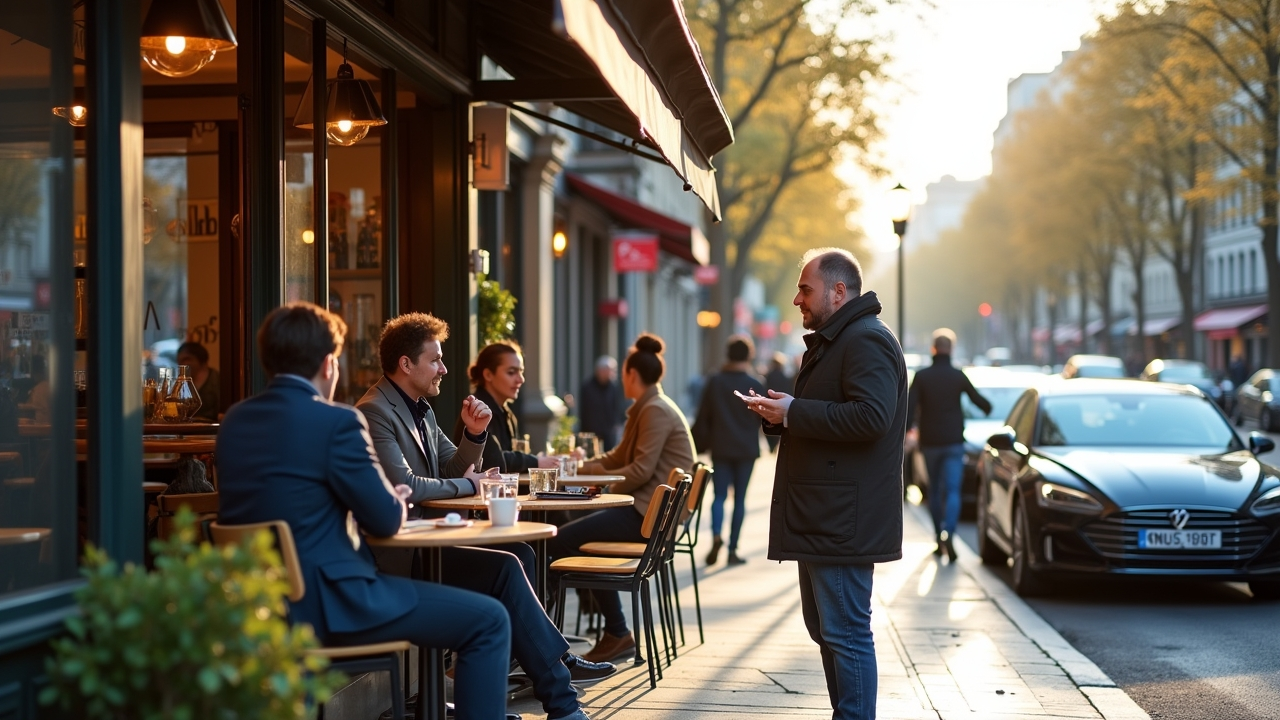 Scène de rue parisienne en 2025 illustrant la collaboration entre humains et IA dans le SEO, avec des professionnels discutant devant un café moderne, symbolisant l'innovation et l'expertise partagée.