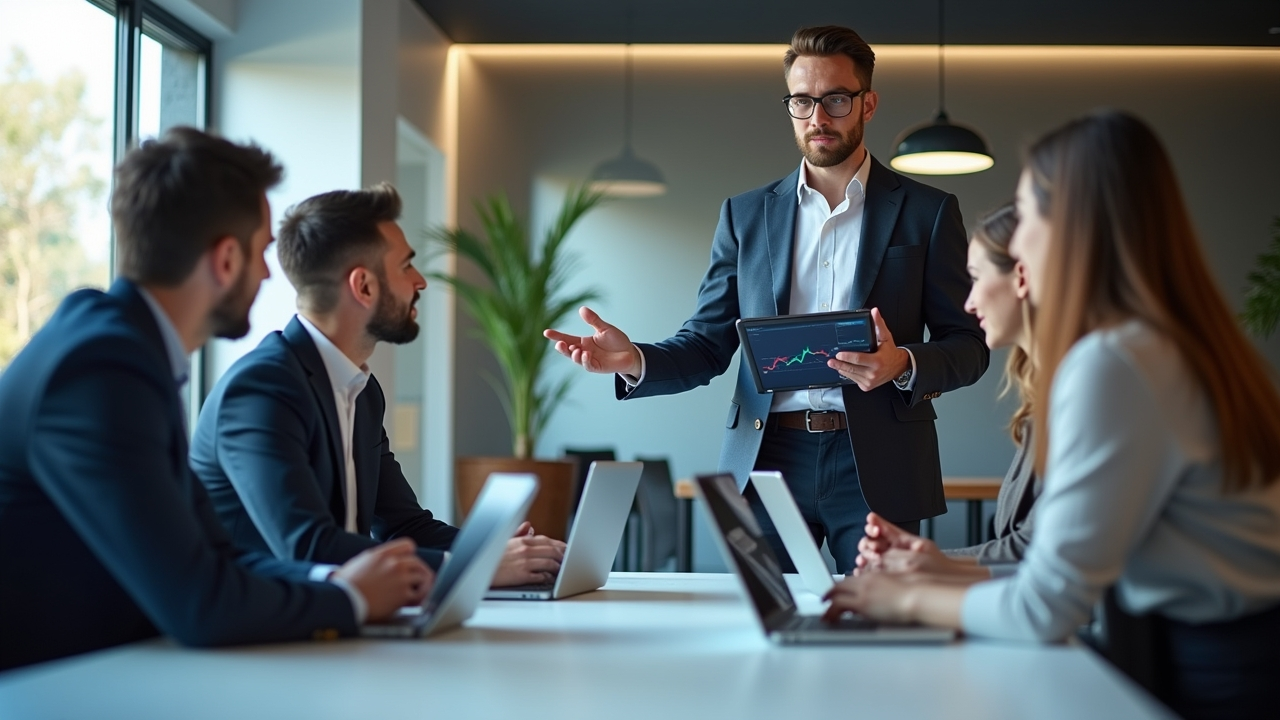 Équipe de marketing digital en réunion stratégique dans un bureau moderne en France, discutant de l'optimisation SEO pour 2025, ambiance professionnelle et collaborative.