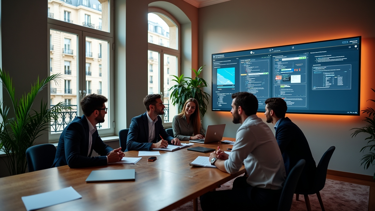 Scène de travail d'une agence marketing à Paris, équipe discutant d'une architecture web complexe, lumière naturelle, mobilier moderne, vue sur façades parisiennes typiques.
