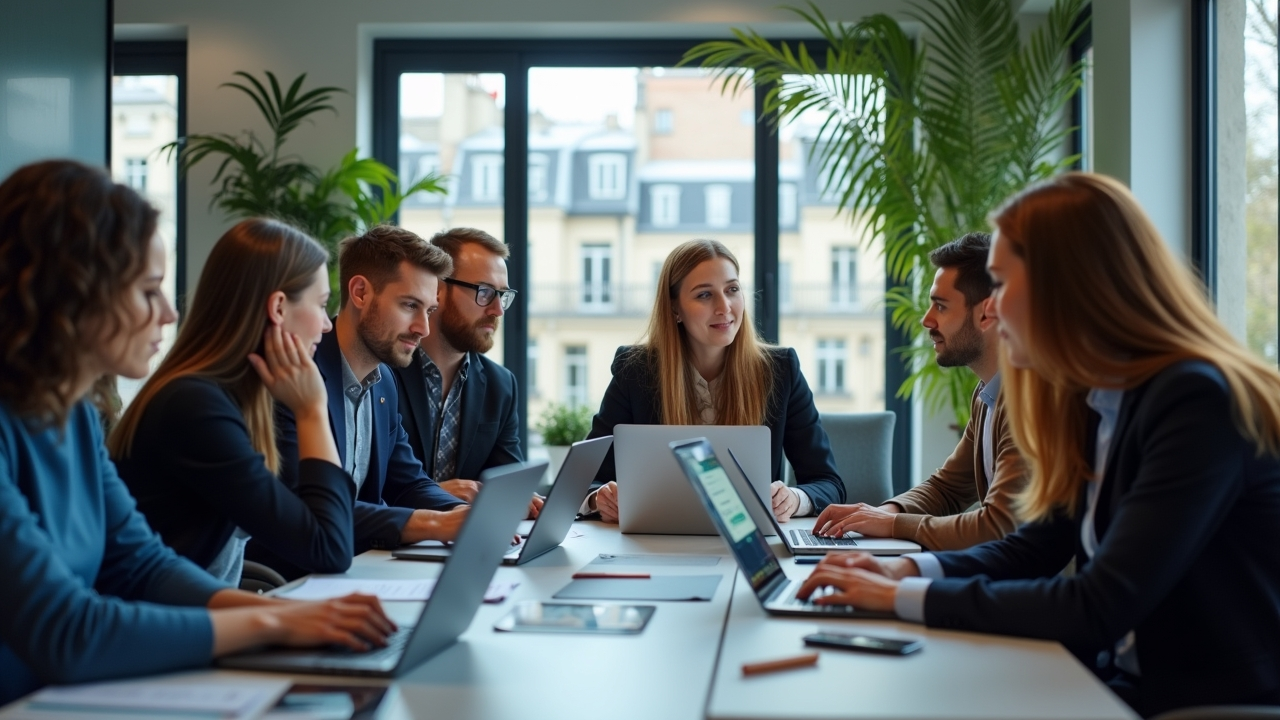 Collaboration en équipe dans un bureau parisien moderne en 2025, illustrant l'externalisation stratégique de la rédaction SEO pour PME et agences, avec une intégration fluide de l'IA et de l'expertise humaine.