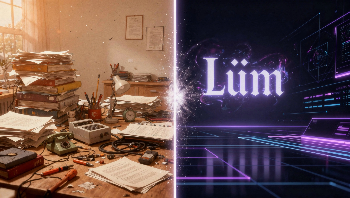Illustration comparant une agence traditionnelle, représentée par un bureau encombré de dossiers et d’outils anciens, à Lüm, symbolisé par un environnement numérique moderne aux lumières violettes et interfaces futuristes, séparés par une ligne lumineuse centrale.