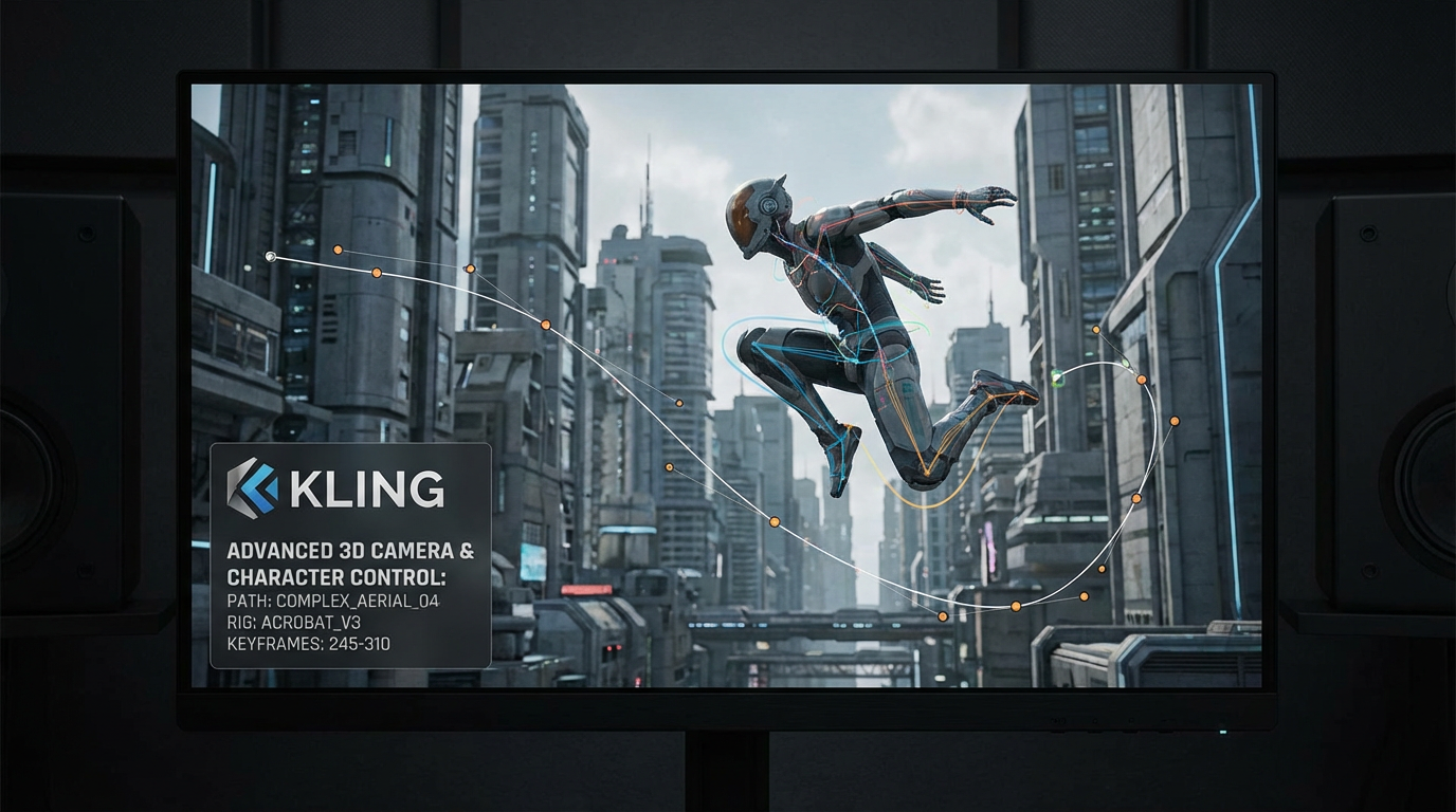 Image 5: A high-resolution still image of a video frame showing advanced 3D camera movement or character control, representing Kling's key feature.