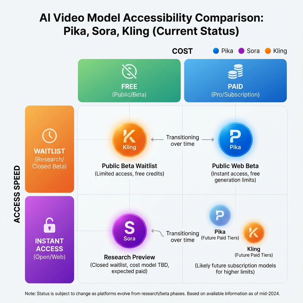 Image 2: A clean, modern infographic comparing the accessibility (free vs paid, waitlist vs instant access) of Pika, Sora, and Kling.