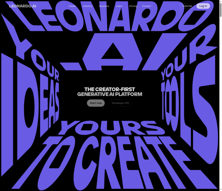 Leonardo AI official homepage showing creator-first AI image platform positioning.