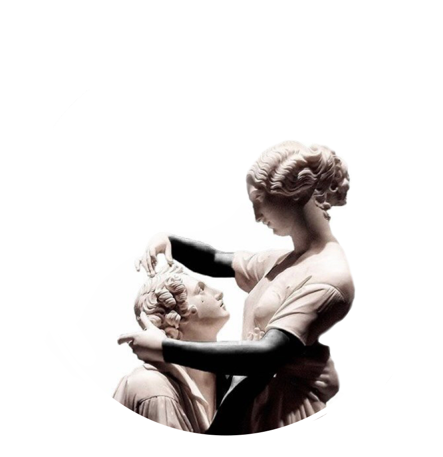 Skulptur af en kvinde, der kærtegner håret på en knælende mand med sorte handsker.