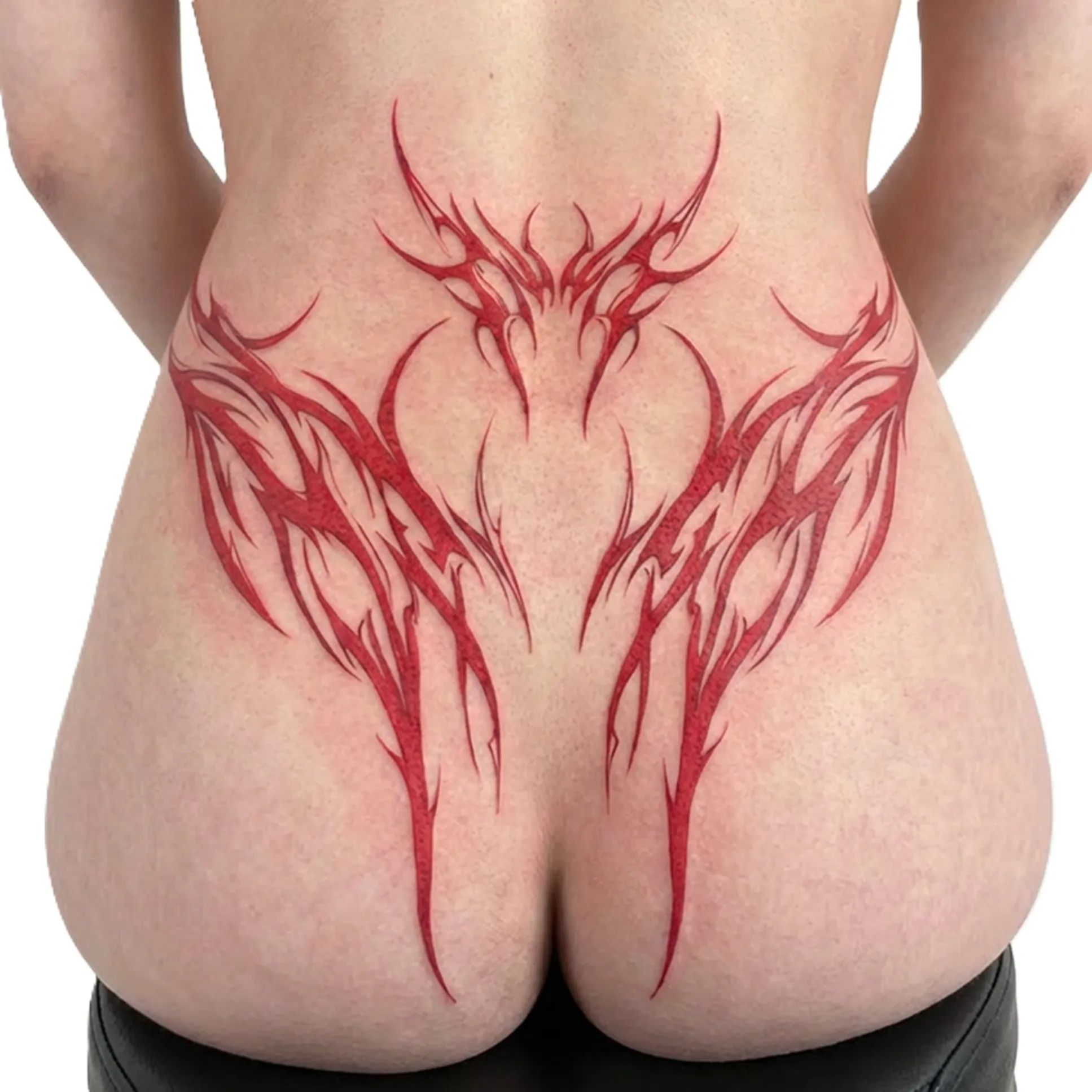 Rød Neo-tribal tatovering på den nederste ryg og over balderne.