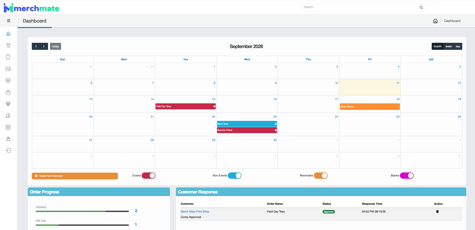 Merch Mate dashboard showing print shop orders and production status