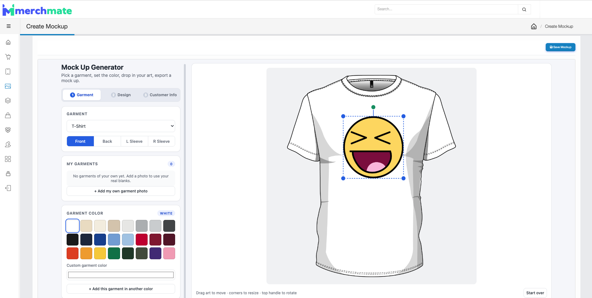 Merch Mate apparel mockup generator showing a shirt design proof
