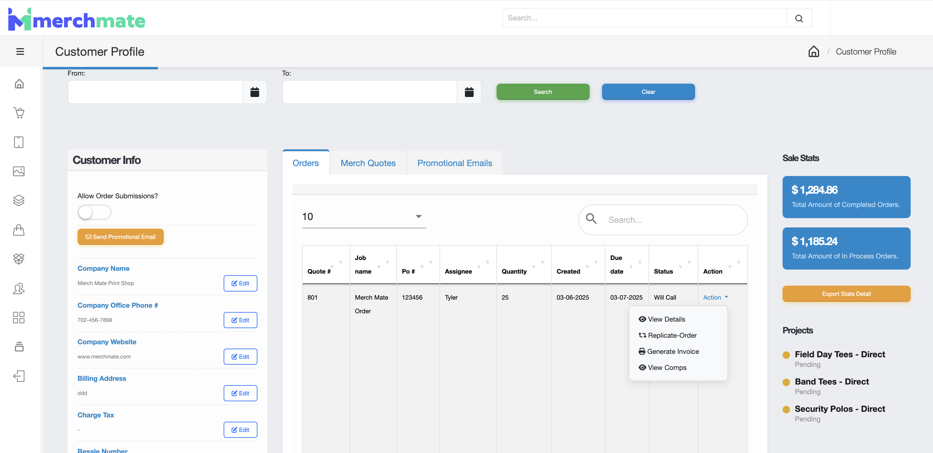 Merch Mate customer profile showing order history and contact details