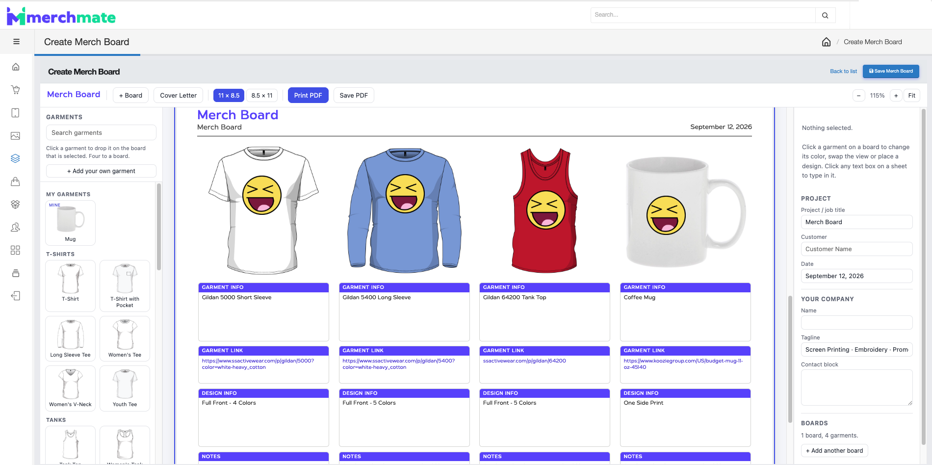 Merch Mate merch board presentation with cover letter and garment selections